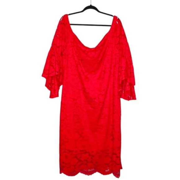 Eloquii Red Lace Fitted Shift Dress Off the Shoulder Bell Flare Sleeves Size 18 - Picture 9 of 9